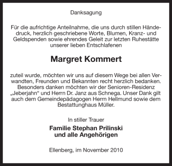 Traueranzeige von Margret Kommert von ALLGEMEINE ZEITUNG UELZEN