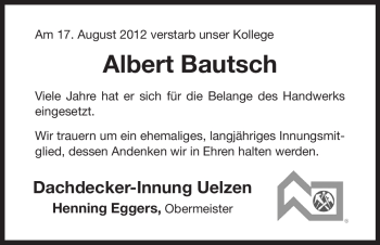 Traueranzeige von Albert Bautsch von ALLGEMEINE ZEITUNG UELZEN