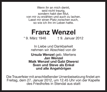 Traueranzeige von Franz Wenzel von ALLGEMEINE ZEITUNG UELZEN