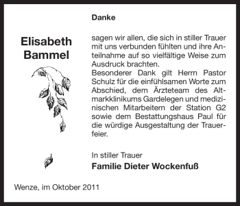 Traueranzeige von Elisabeth Bammel von ALLGEMEINE ZEITUNG UELZEN