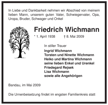 Traueranzeige von Friedrich Wichmann von ALLGEMEINE ZEITUNG UELZEN