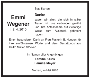 Traueranzeige von Emmi Wegener von ALLGEMEINE ZEITUNG UELZEN