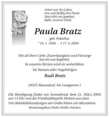 Traueranzeige von Paula Bratz von ALLGEMEINE ZEITUNG UELZEN