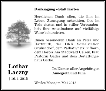 Traueranzeige von Lothar Laczny von Uelzen