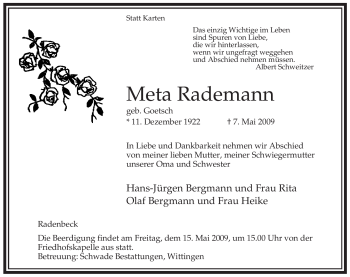 Traueranzeige von Meta Rademann von ALLGEMEINE ZEITUNG UELZEN