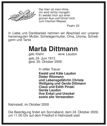 Traueranzeige von Marta Dittmann von ALLGEMEINE ZEITUNG UELZEN