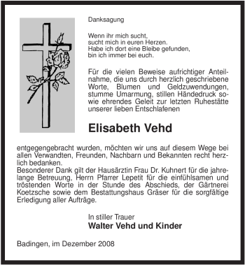 Traueranzeige von Elisabeth Vehd von ALLGEMEINE ZEITUNG UELZEN