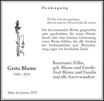 Traueranzeige von Grete Blume von Uelzen