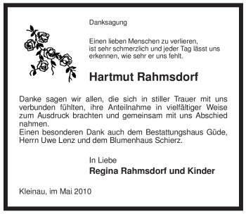 Traueranzeige von Hartmut Rahmsdorf von ALLGEMEINE ZEITUNG UELZEN