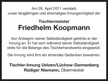 Traueranzeige von Friedhelm Koopmann von ALLGEMEINE ZEITUNG UELZEN