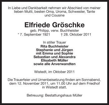 Traueranzeige von Elfriede Gröschke von ALLGEMEINE ZEITUNG UELZEN