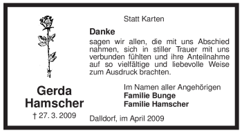 Traueranzeige von Gerda Hamscher von ALLGEMEINE ZEITUNG UELZEN