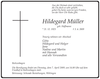 Traueranzeige von Hildegard Müller von ALLGEMEINE ZEITUNG UELZEN