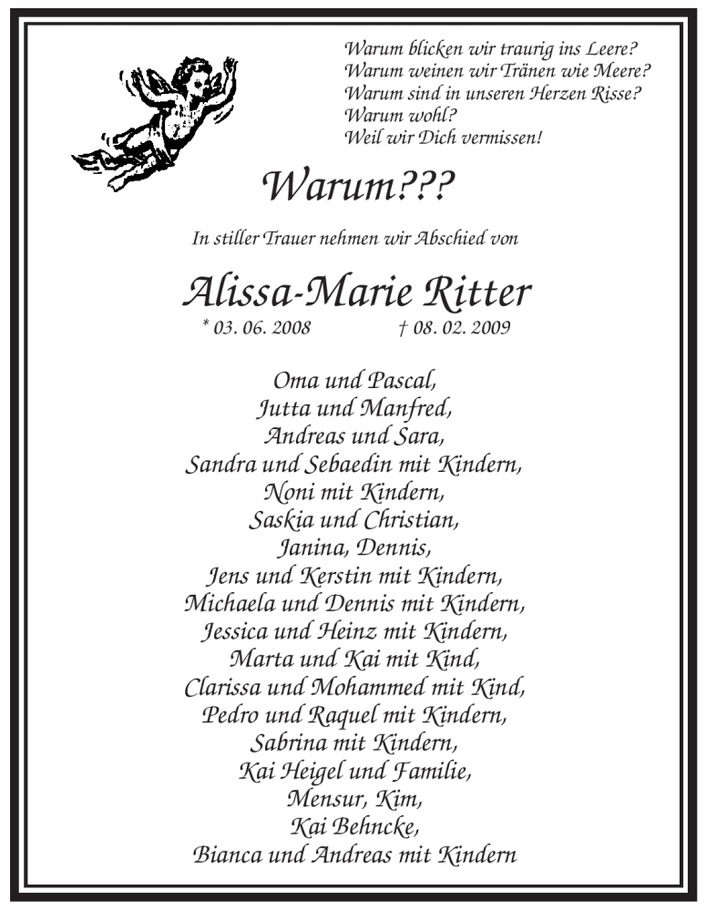  Traueranzeige für Alissa-Marie Ritter vom 11.02.2009 aus ALLGEMEINE ZEITUNG UELZEN