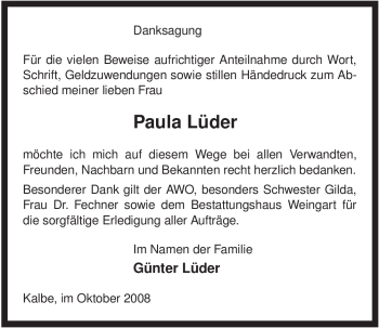 Traueranzeige von Paula Lüder von ALLGEMEINE ZEITUNG UELZEN