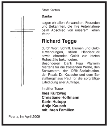 Traueranzeige von Richard Tegge von ALLGEMEINE ZEITUNG UELZEN