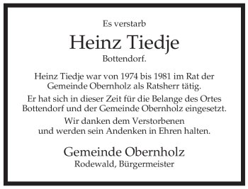 Traueranzeige von Heinz Tiedje von ALLGEMEINE ZEITUNG UELZEN