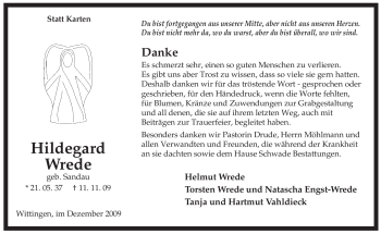 Traueranzeige von Hildegard Wrede von ALLGEMEINE ZEITUNG UELZEN