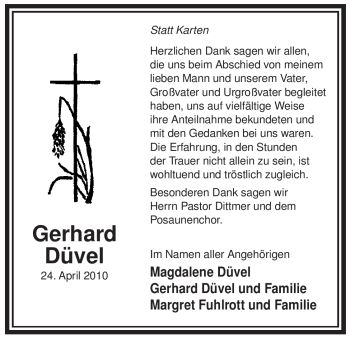 Traueranzeige von Gerhard Düvel von ALLGEMEINE ZEITUNG UELZEN