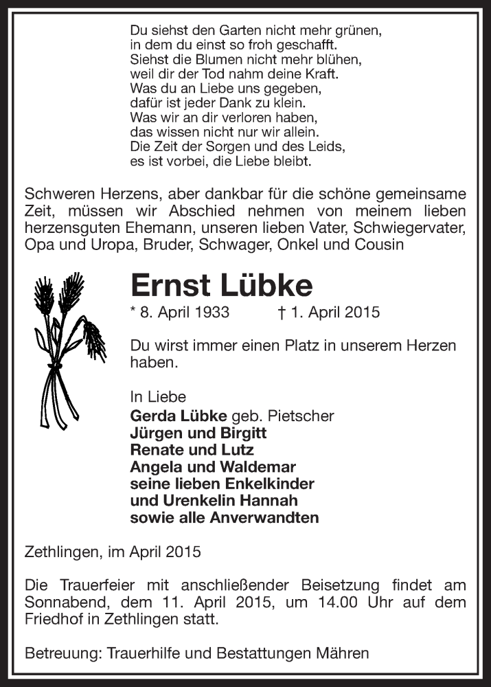 Traueranzeige für Ernst Lübke vom 07.04.2015 aus Uelzen