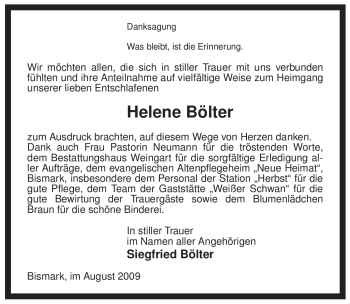 Traueranzeige von Helene Bölter von ALLGEMEINE ZEITUNG UELZEN
