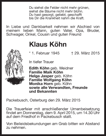 Traueranzeige von Klaus Köhn von Uelzen