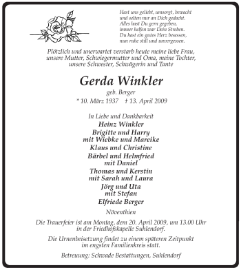 Traueranzeige von Gerda Winkler von ALLGEMEINE ZEITUNG UELZEN