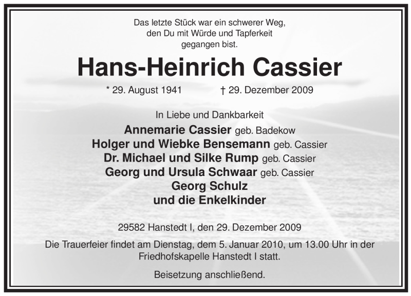  Traueranzeige für Hans-Heinrich Cassier vom 31.12.2009 aus ALLGEMEINE ZEITUNG UELZEN