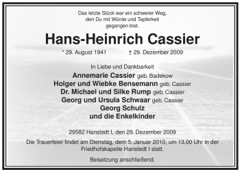 Traueranzeige von Hans-Heinrich Cassier von ALLGEMEINE ZEITUNG UELZEN