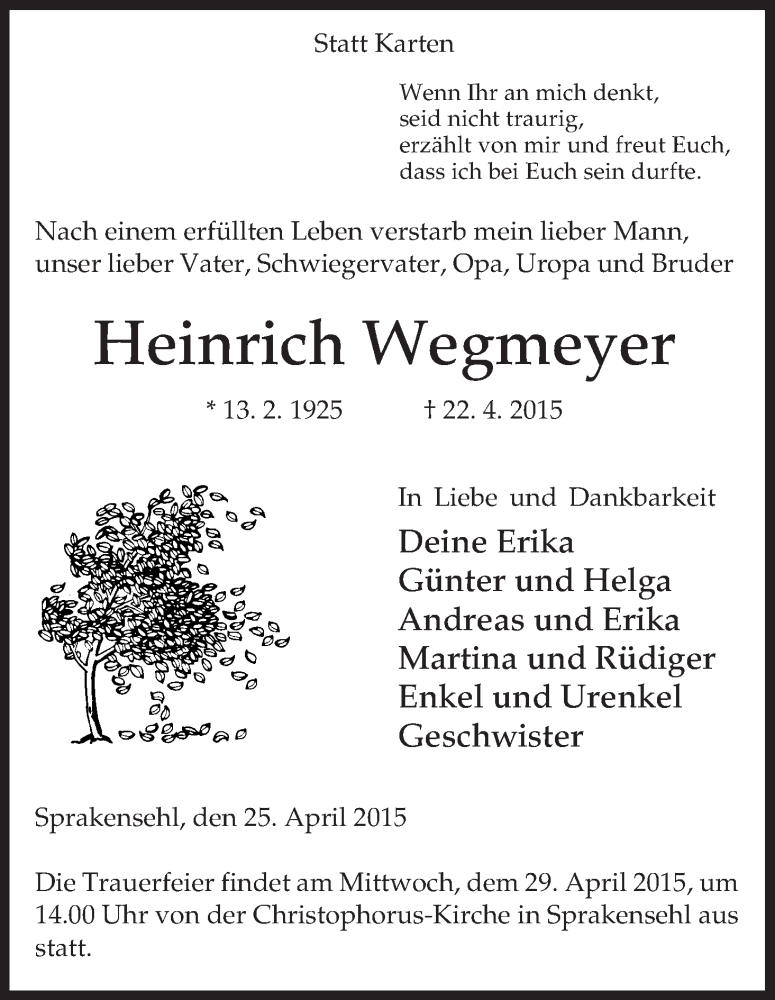  Traueranzeige für Heinrich Wegmeyer vom 25.04.2015 aus Uelzen