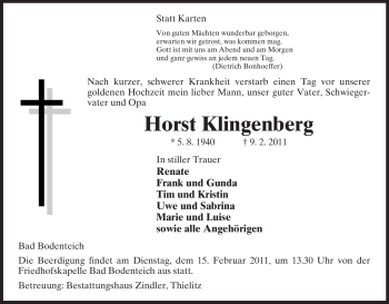 Traueranzeige von Horst Klingenberg von ALLGEMEINE ZEITUNG UELZEN
