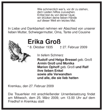 Traueranzeige von Erika Groß von ALLGEMEINE ZEITUNG UELZEN