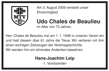 Traueranzeige von Udo Chales von ALLGEMEINE ZEITUNG UELZEN