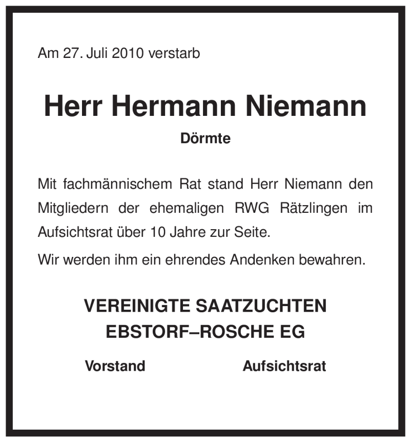  Traueranzeige für Hermann Niemann vom 30.07.2010 aus ALLGEMEINE ZEITUNG UELZEN