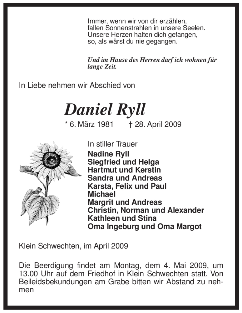 Traueranzeige für Daniel Ryll vom 30.04.2009 aus ALLGEMEINE ZEITUNG UELZEN
