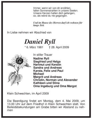 Traueranzeige von Daniel Ryll von ALLGEMEINE ZEITUNG UELZEN