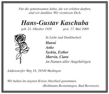 Traueranzeige von Hans-Gustav Kaschuba von ALLGEMEINE ZEITUNG UELZEN