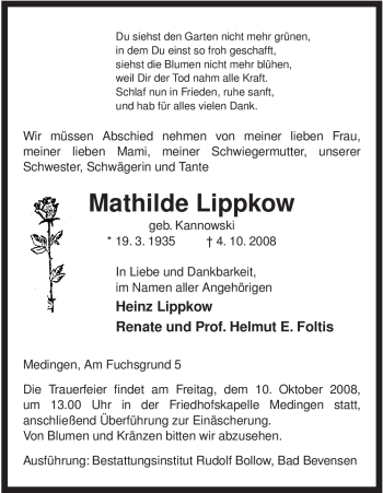 Traueranzeige von Mathilde Lippkow von ALLGEMEINE ZEITUNG UELZEN