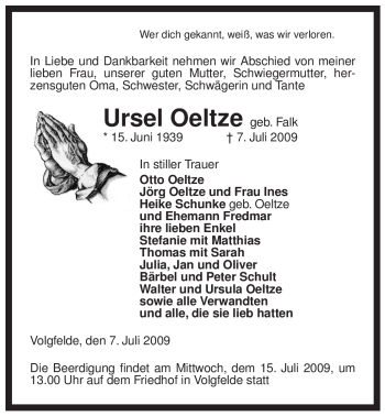 Traueranzeige von Ursel Oeltze von ALLGEMEINE ZEITUNG UELZEN