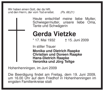 Traueranzeige von Gerda Vietzke von ALLGEMEINE ZEITUNG UELZEN