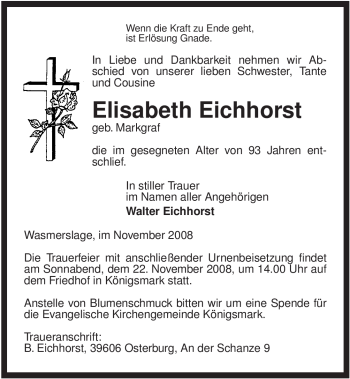 Traueranzeige von Elisabeth Eichhorst von ALLGEMEINE ZEITUNG UELZEN