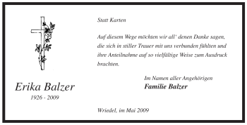 Traueranzeige von Erika Balzer von ALLGEMEINE ZEITUNG UELZEN
