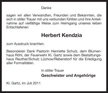 Traueranzeige von Herbert Kendzia von ALLGEMEINE ZEITUNG UELZEN