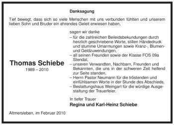 Traueranzeige von Thomas Schiebe von ALLGEMEINE ZEITUNG UELZEN