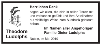 Traueranzeige von Theodore Ludolphs von ALLGEMEINE ZEITUNG UELZEN