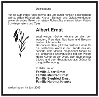 Traueranzeige von Albert Ernst von ALLGEMEINE ZEITUNG UELZEN