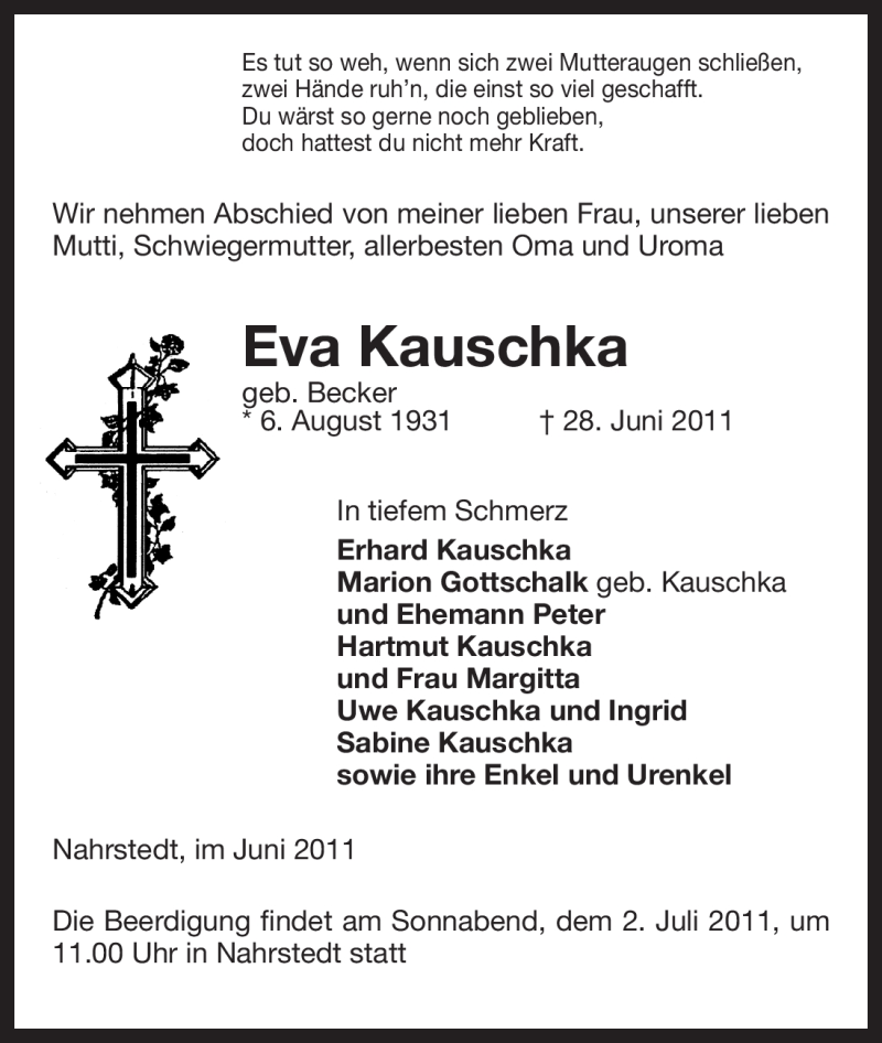  Traueranzeige für Eva Kauschka vom 29.06.2011 aus ALLGEMEINE ZEITUNG UELZEN