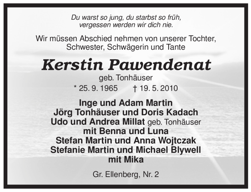  Traueranzeige für Kerstin Pawendenat vom 27.05.2010 aus ALLGEMEINE ZEITUNG UELZEN