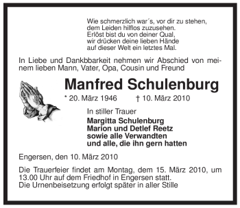 Traueranzeige von Manfred Schulenburg von ALLGEMEINE ZEITUNG UELZEN