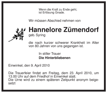 Traueranzeige von Hannelore Zümendorf von ALLGEMEINE ZEITUNG UELZEN